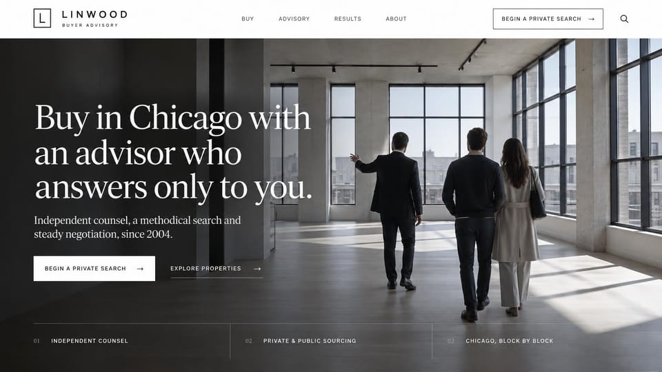 Real estate website design, buyer's agent in a city loft: a dark loft with tall windows and three people touring it, a white serif headline and a white button
