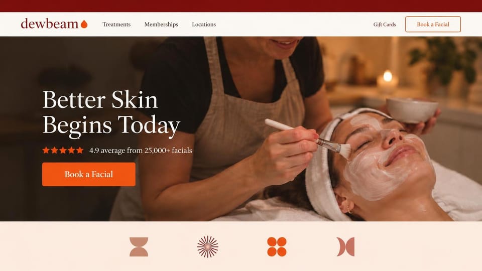 Spa website design, facial bar with its rating under the headline: burgundy top bar and cream menu, an esthetician brushing a mask onto a smiling client, white serif headline, star rating line and orange button, a row of abstract icons below