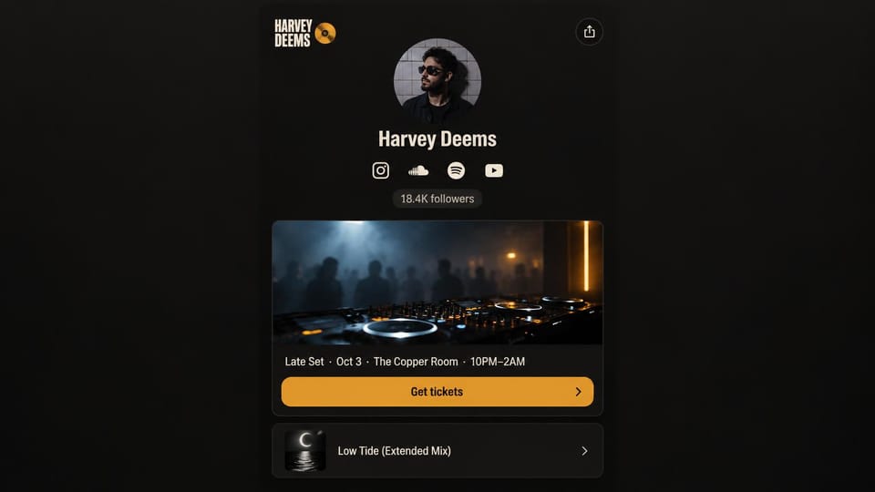 Musician website design, club DJ link page: black page, a round portrait, a moody club photo card and an amber ticket button