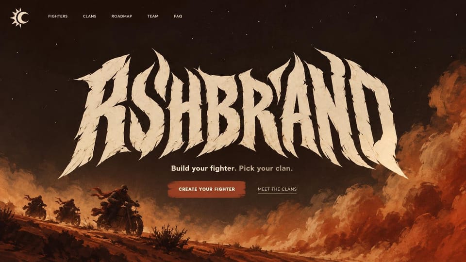 Gaming website design, combat game with a distressed logo: rust orange and brown dust scene with riders, huge cream distressed logo, a red button and an outlined link