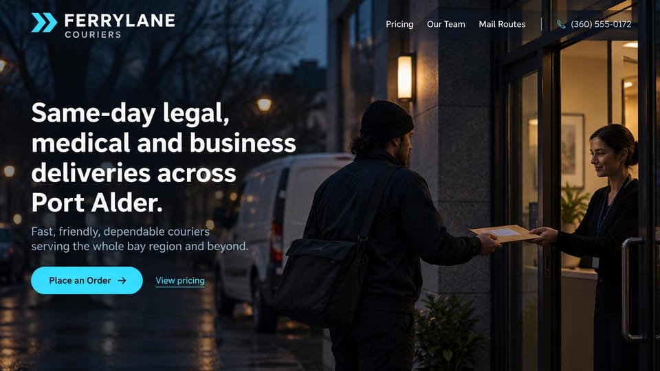 Logistics website design, legal and medical courier at the office door: dark dusk photo of a courier with a messenger bag handing an envelope at an office door, white headline, cyan order button