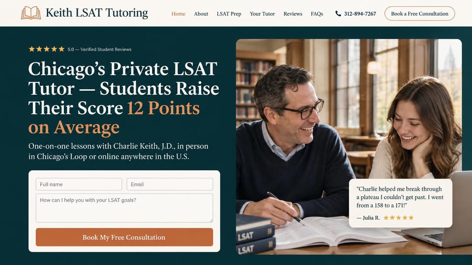 Tutoring website design, solo test prep tutor with the intake form first: dark teal hero, white serif headline with an orange phrase, a cream consultation form, a tutor laughing with a student over books