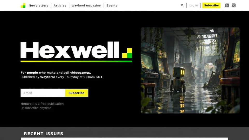 News and magazine website design, games industry newsletter with a big wordmark signup: black page, huge white wordmark with a yellow and green pixel mark, yellow subscribe buttons, an illustration of a small robot wading through a flooded, overgrown arcade