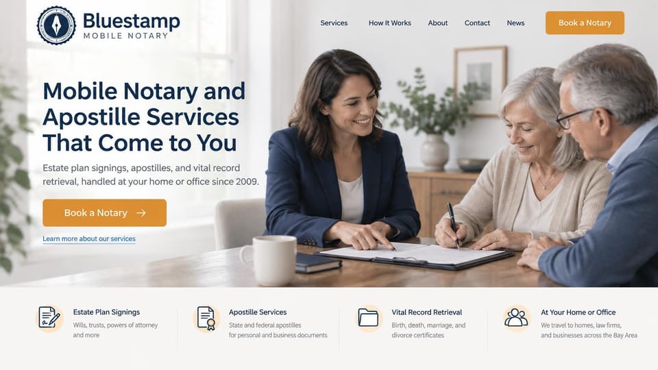 Notary website design, mobile notary with a service strip: white and light gray, a navy headline and orange button beside a notary with an older couple at a table, a strip of service icons below