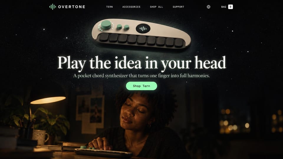 Landing page website design, gadget launch on a dark night scene: dark night scene, a cream pocket synthesizer floating above a woman playing at a lamp-lit desk, serif headline, green button