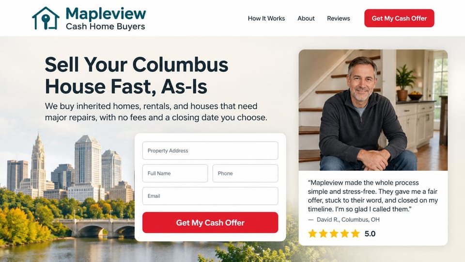 Real estate investor website design, local cash buyer with a seller's story beside the form: white header with a teal house and key logo, a cream page with a dark headline, a city skyline by a river, a white form card with a red button, a seller portrait and quote card