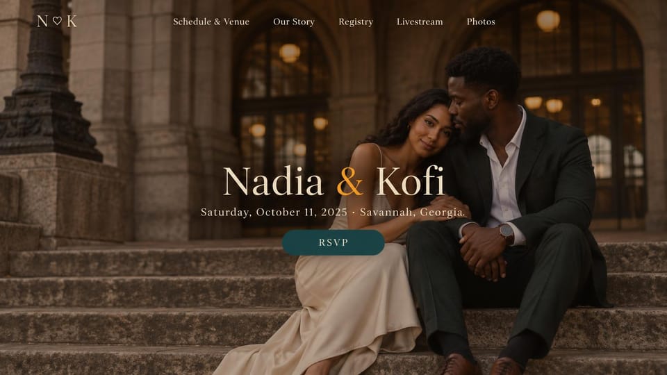 Wedding website design, classic wedding on old stone steps: a couple seated on stone steps under arches at dusk, ivory serif names and a teal RSVP button