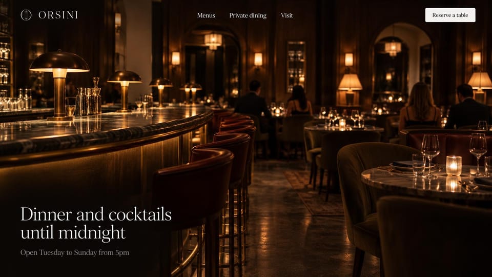 One page website design, restaurant and bar in candlelight: dark candlelit restaurant interior with brass lamps, cream serif headline in the lower corner, small reserve button