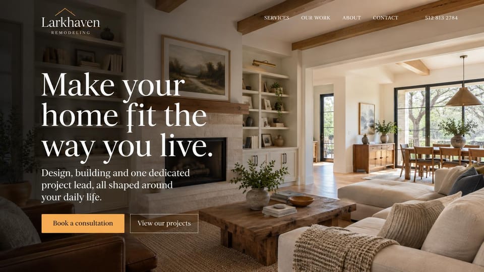 Contractor website design, design-build remodeling in a living room: a warm living room with wood beams, a large white serif headline and gold and outlined buttons