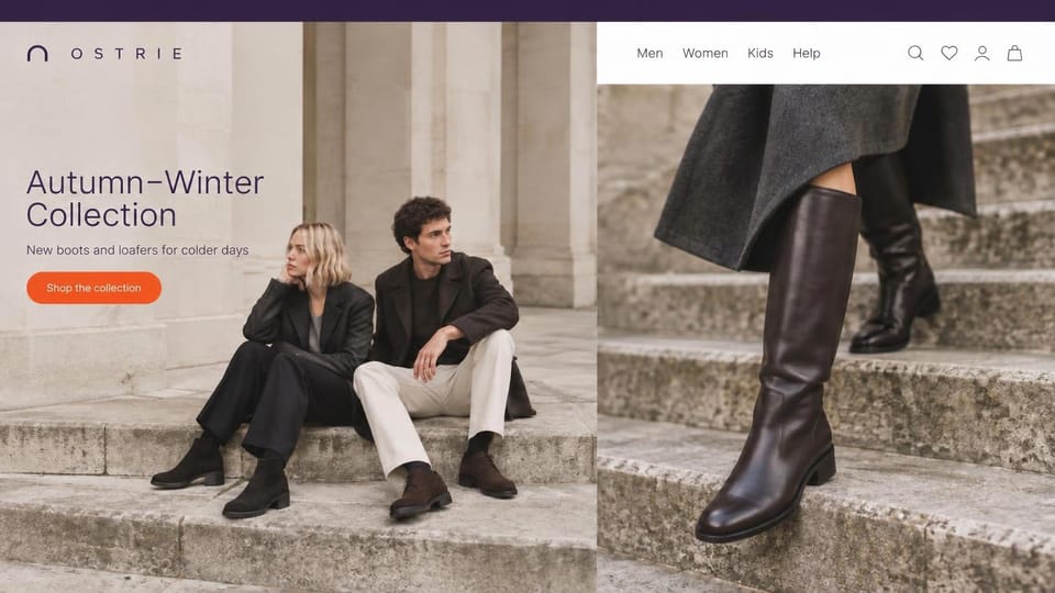 Fashion website design, boots and loafers with a knee-high boot close-up: dark purple top bar, a split of a woman and a man in dark coats on stone steps and a close-up of a brown knee-high boot, a dark purple headline and an orange pill button