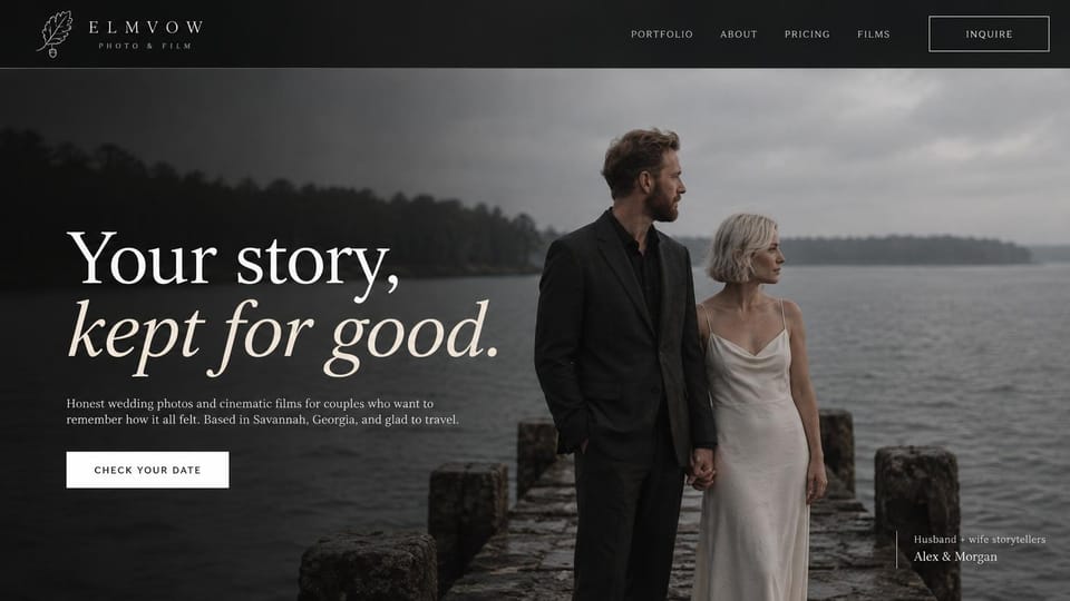 Wedding photographer website design, husband and wife photo and film team on a gray lake: charcoal header with an oak leaf logo, a full-width photo of a couple on an old stone pier under gray skies, a large white serif headline with an italic line and a white date button