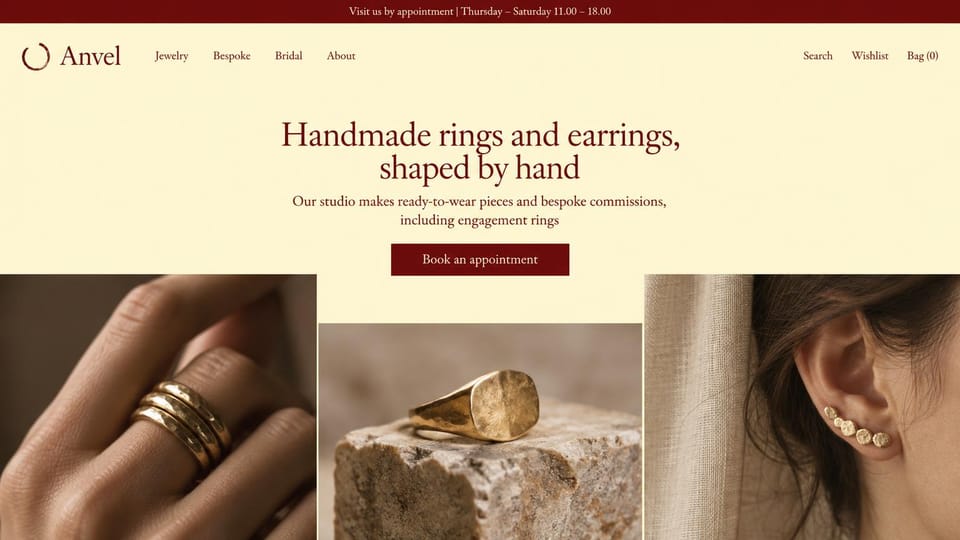 Jewelry website design, handmade ring studio by appointment: burgundy top bar, pale butter page, a centered burgundy serif headline and button, photos of stacked rings, a signet on stone and an ear of studs