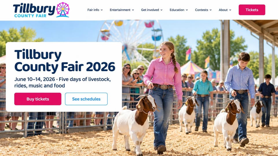 Event website design, county fair with a white card over the show ring: sunny photo of teens leading goats past a ferris wheel, white panel with a navy headline, pink ticket button, outlined schedule button