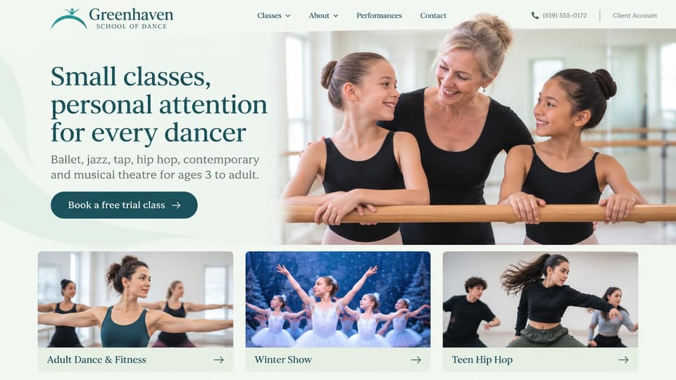 Dance studio website design, all-ages dance school with program cards: pale mint page, a deep teal serif headline, a teacher smiling with two girls at a barre, a teal trial button and three photo cards