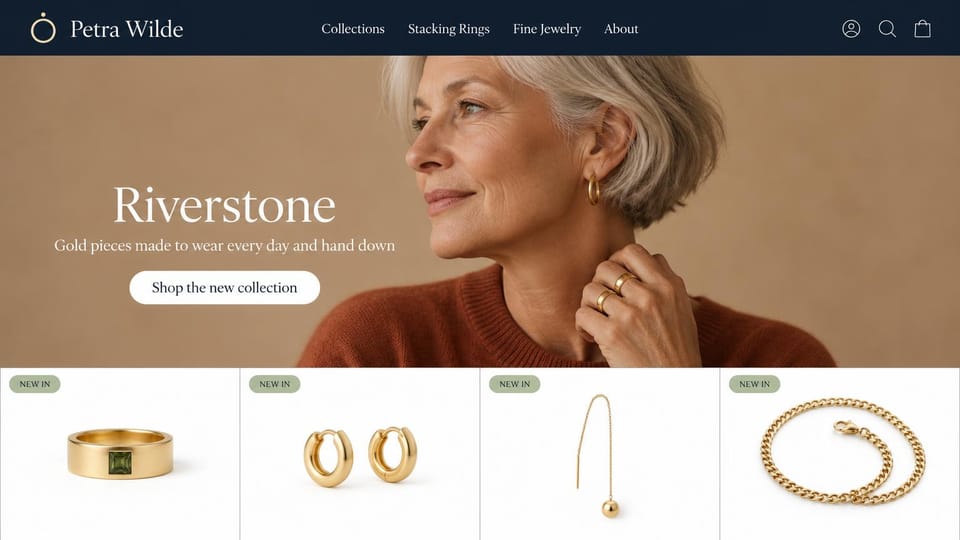 Jewelry website design, everyday gold worn by an older model: navy menu, a smiling gray-haired woman in gold hoops and rings on rust, a large white serif headline, a white button and four product photos