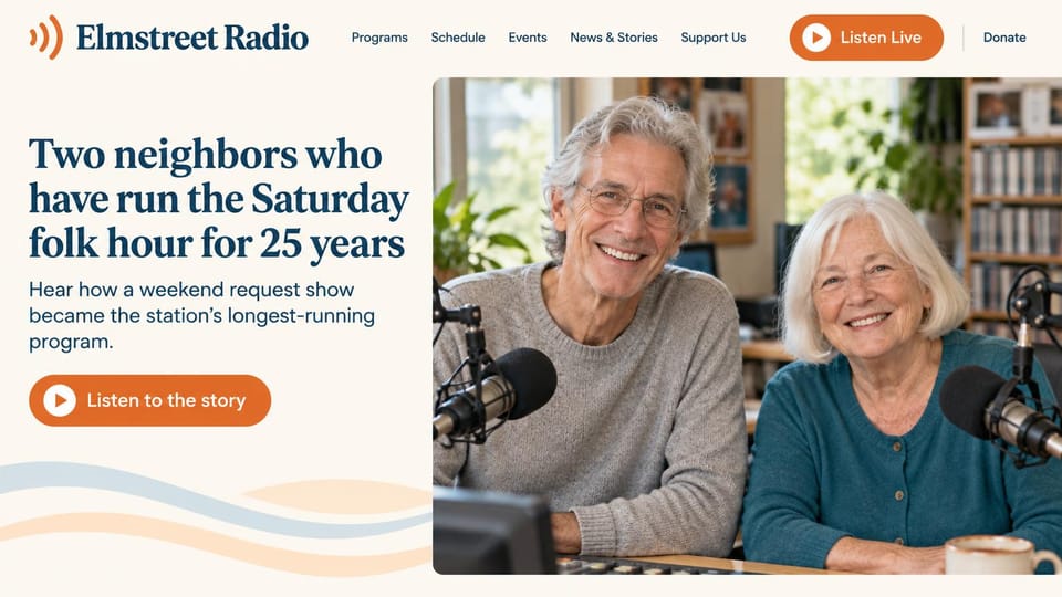 Radio station website design, community radio leading with a host story: cream page, a navy serif headline, an orange listen button and a photo of two older hosts smiling at studio microphones