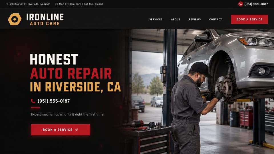 Auto repair website design, independent shop with the phone number up front: black page with red and gold, a stacked uppercase headline and phone number beside a mechanic working on brakes