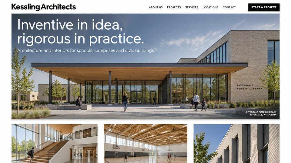 Architecture website design, schools and campuses with a photo row: white page, bold black wordmark, a framed photo of a brick and glass library with a white sans headline over the sky, three photos of a stair hall, a gym and a facade below