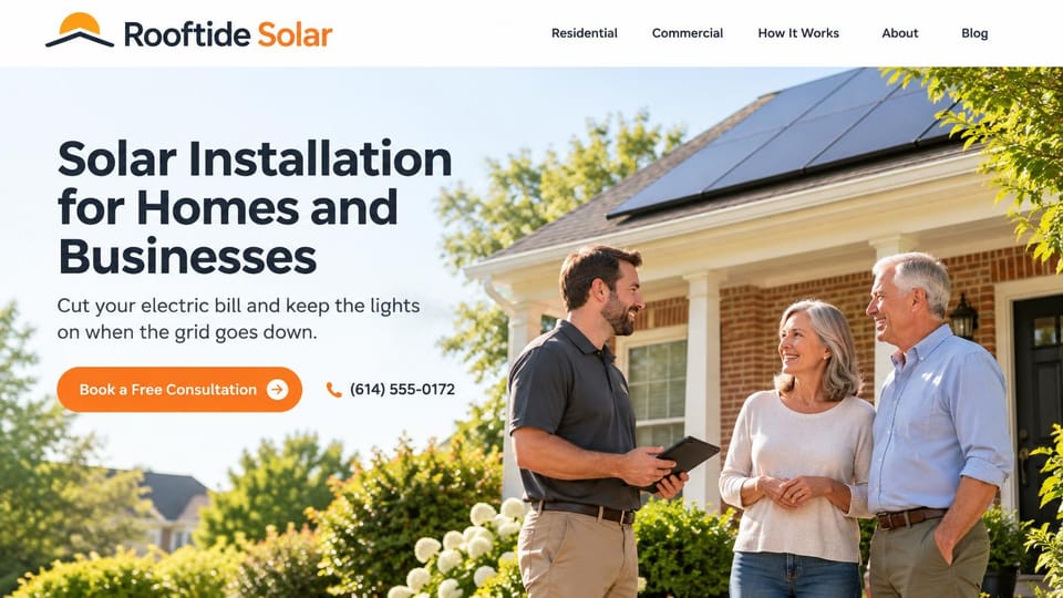 Solar website design, residential solar with a consultation on the front lawn: white header with an orange sun logo, a navy headline on a bright sky, a consultant with a tablet talking with an older couple outside a brick home with rooftop panels