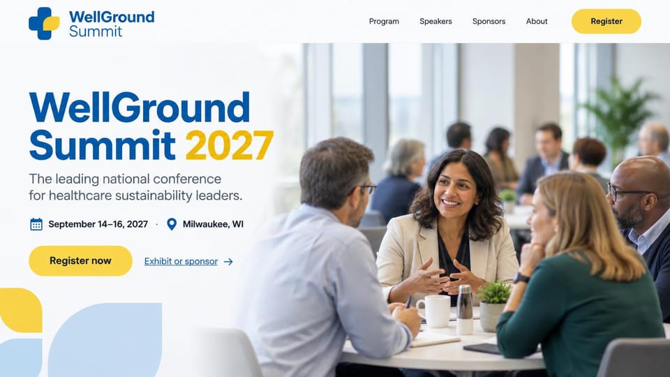 Event website design, healthcare summit with exhibit and sponsor links: white page, blue and yellow headline, yellow register button, professionals talking around a table, yellow and blue leaf shapes