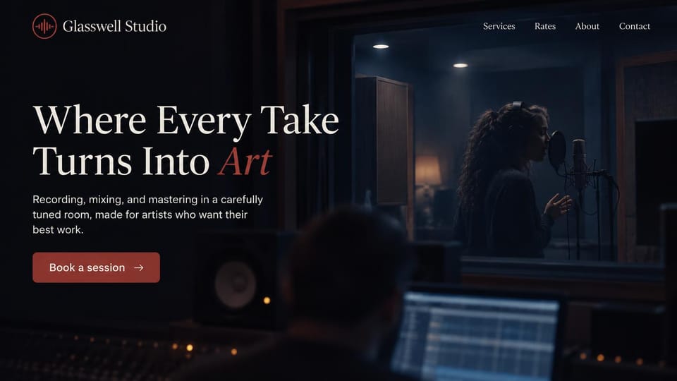 Recording studio website design, vocal recording in cool blue light: dark navy studio, a singer at a microphone behind the booth glass, a laptop and speaker in the foreground, white serif headline with one red italic word, dark red session button