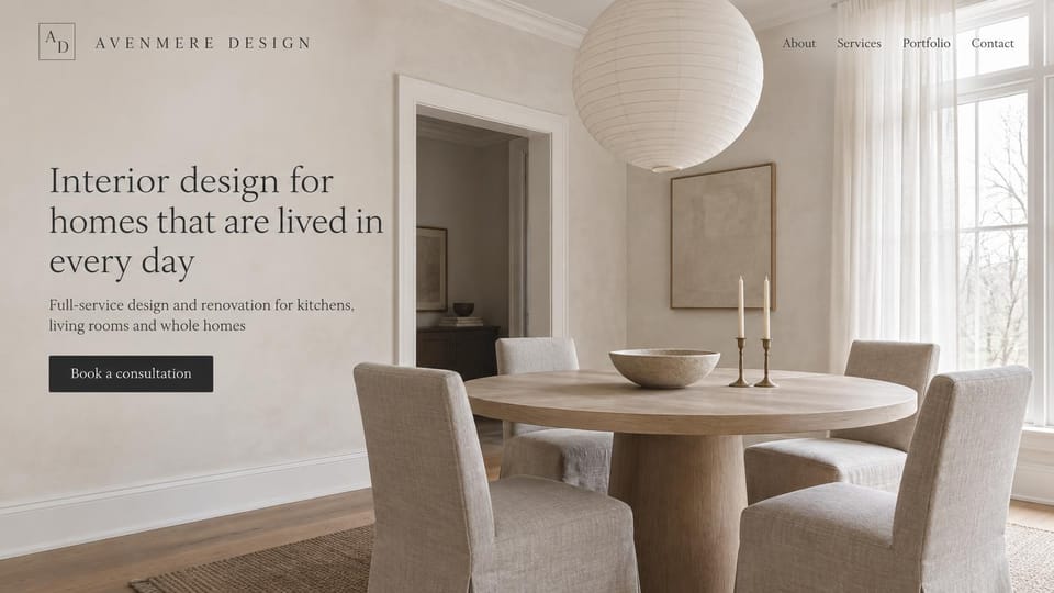 Interior design website design, design and renovation in quiet plaster tones: warm plaster-toned room, a square monogram and spaced serif name, a charcoal serif headline, a charcoal consultation button and a round oak table with linen chairs under a paper globe pendant