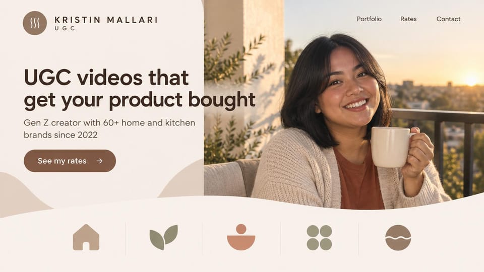 UGC portfolio website design, gen Z creator at golden hour: warm cream page, dark brown headline, brown button, a smiling woman with a mug on a balcony at sunset, beige category icons