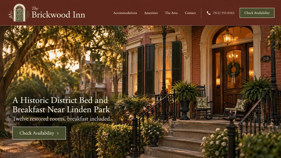 Bed and breakfast website design, restored brick inn with a burgundy header: burgundy header with a green door logo, a golden-hour photo of a brick inn with an arched door, wreath and iron rails under mossy oaks, an ivory serif headline, an olive button