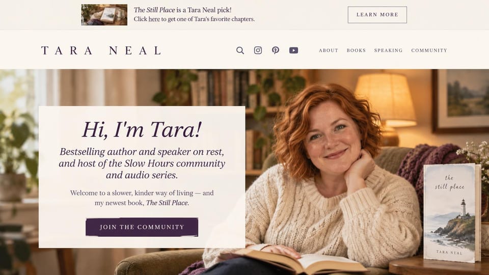 Author website design, author and speaker with a community: warm cream and plum, an author reading in an armchair, a white text card and a book cover