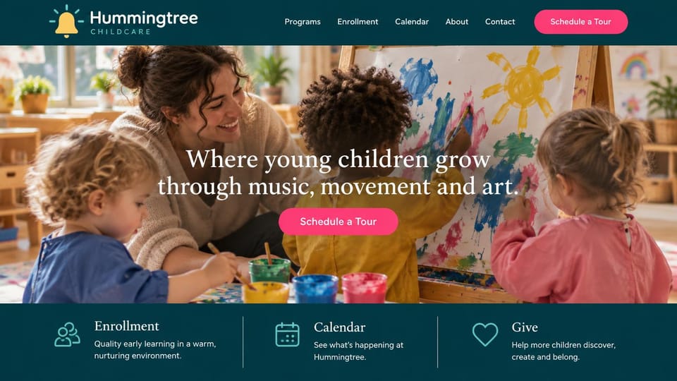 Daycare website design, arts-focused childcare in dark teal and pink: dark teal header and footer band, a full-width photo of a teacher and three children painting at an easel, a centered white serif headline and a pink pill button