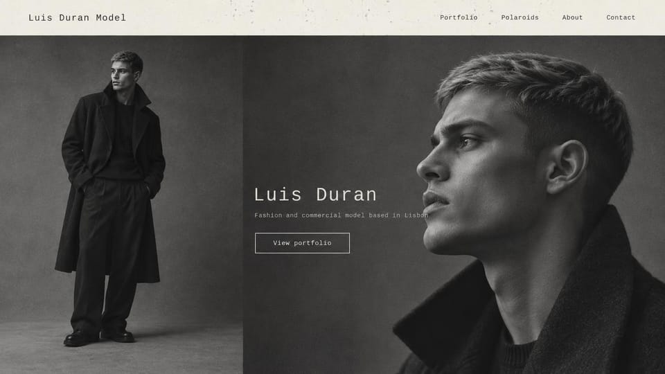 Model portfolio website design, male model in black and white with typewriter type: pale header in monospaced type, a black and white full-length photo of a man in a long black coat and a large profile close-up, a white monospaced name and an outlined button