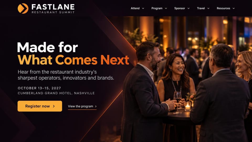 Event website design, restaurant industry summit in evening amber: near-black page with thin orange lines, white and amber headline, amber register button, guests laughing over wine at a candlelit reception