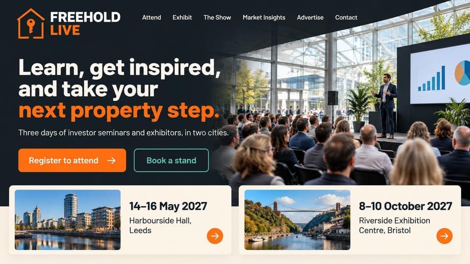 Event website design, property investor show in two cities: charcoal page, white and orange headline, orange register button and teal outlined stand button, a speaker on stage in a glass hall, two cream cards with city photos