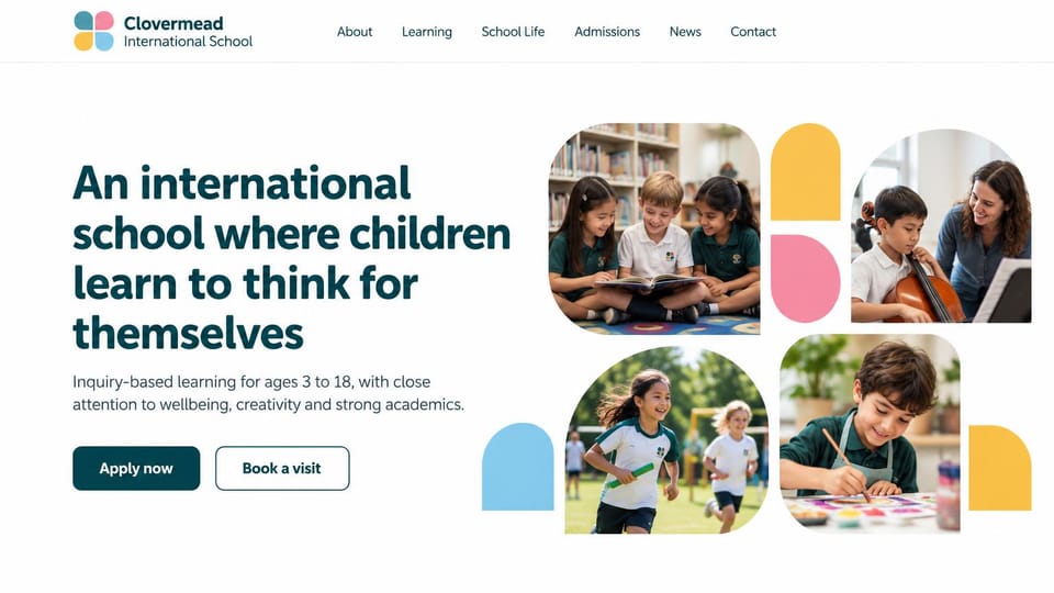 School website design, international school with playful shapes: white with teal, pink, yellow and sky blue shapes around four rounded photos of children