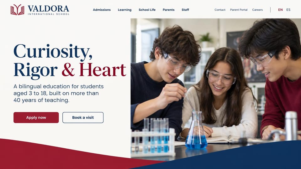 School website design, bilingual international school with color waves: white page, a navy and red serif headline, students in safety glasses at a lab bench, red and navy curves along the bottom
