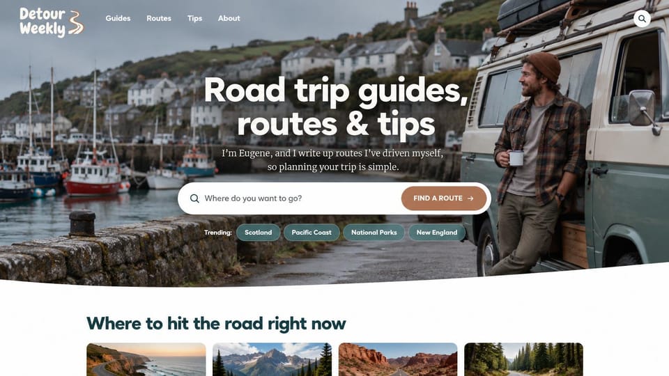 Blog website design, road trip guides with a route search: a harbor village and a man by a camper van, a white headline, a route search bar and teal tags