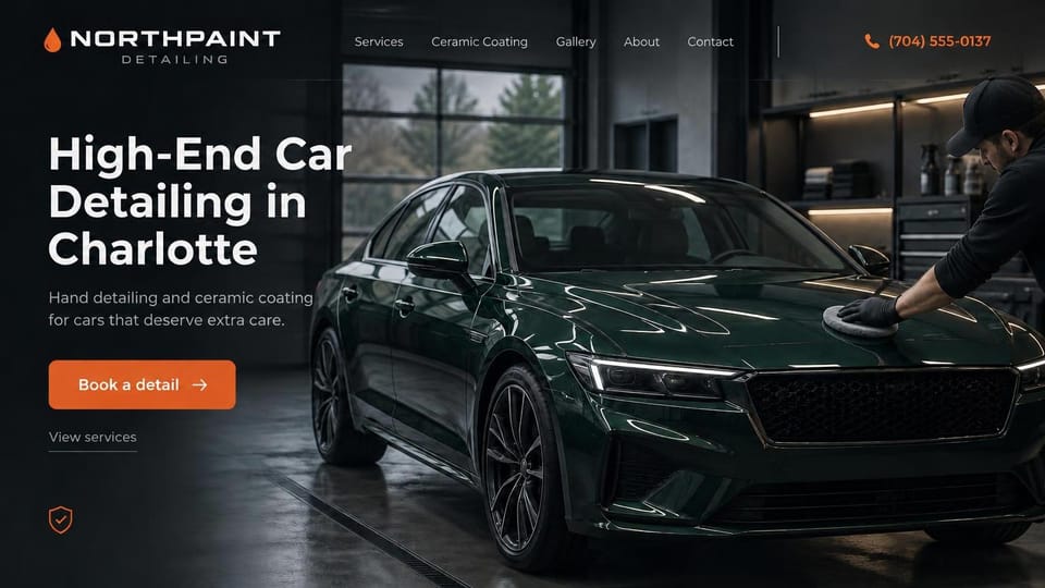 Car detailing website design, ceramic coating studio in a dark garage: charcoal page, an orange drop logo and phone number, a bold white headline, a detailer polishing a dark green sedan in a modern garage, an orange button