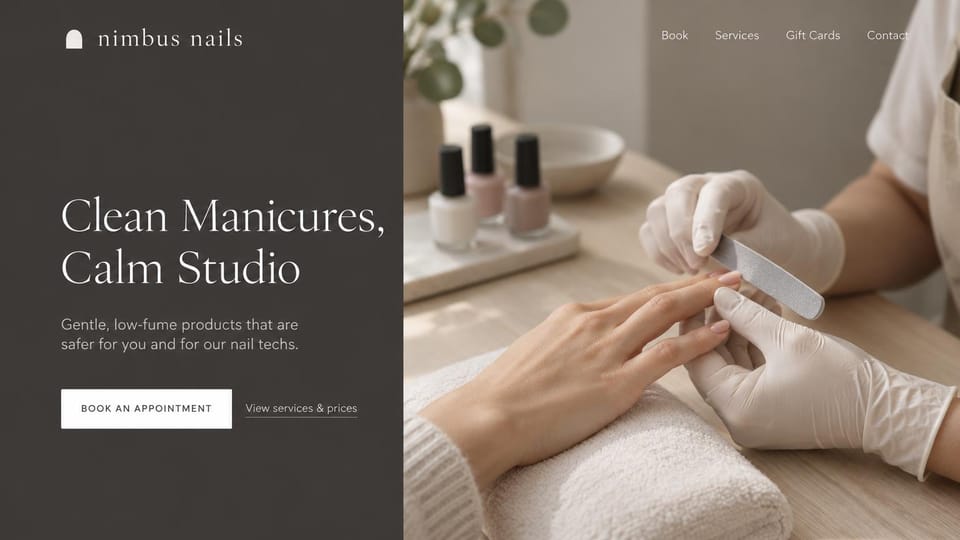 Nail salon website design, low-fume nail studio, clean and quiet: charcoal left panel with a thin white headline, a photo of a gloved tech filing a client's nails, a white button