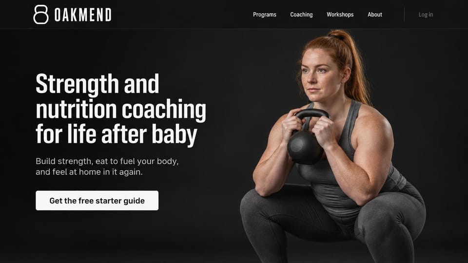 Personal trainer website design, postpartum strength and nutrition on a black backdrop: charcoal page, a large white condensed headline, a white guide button, a strong red-haired woman holding a kettlebell in a squat against a dark backdrop