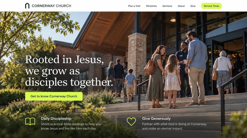 Church website design, church building in afternoon light: people walking into a timber and stone church, white serif headline, a lime button and two links below