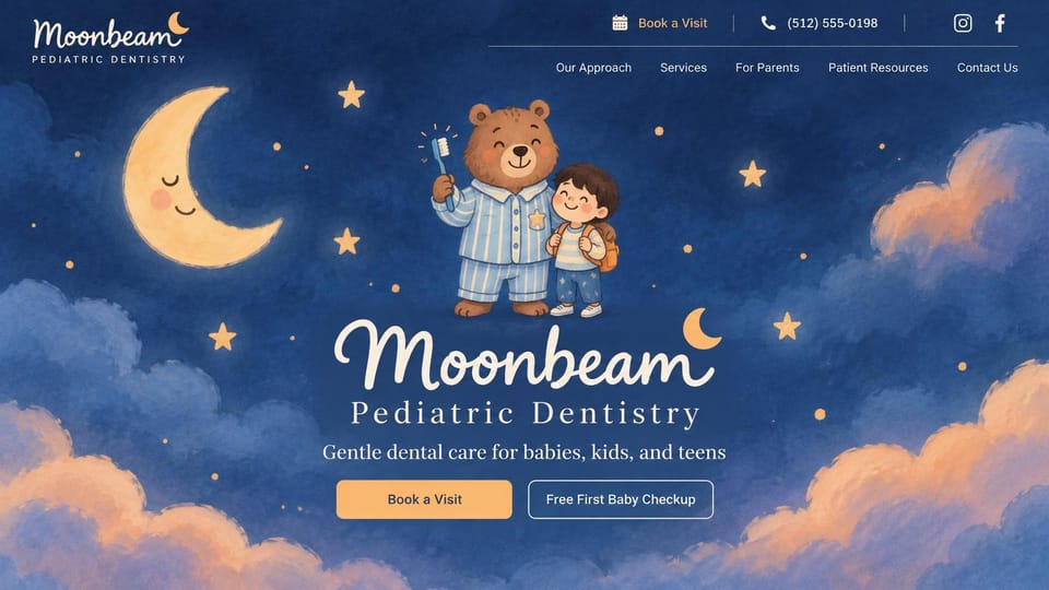 Dental website design, pediatric dentistry with a bedtime story scene: navy night sky with stars, a smiling moon and a cartoon bear with a child, peach and gold buttons