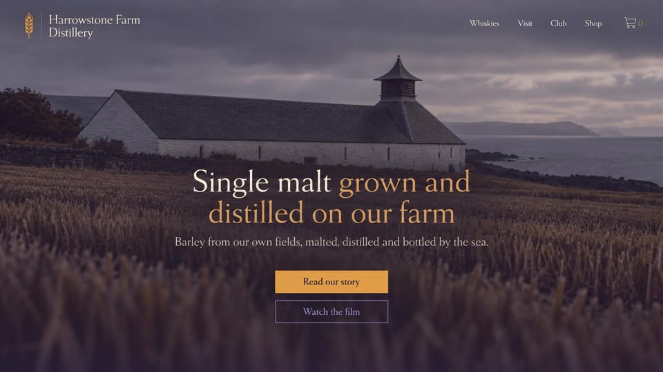 Winery and brewery website design, farm distillery by the sea at dusk: dusky purple photo of a whitewashed distillery with a pagoda roof above a barley field by the sea, a cream and gold serif headline and a gold button
