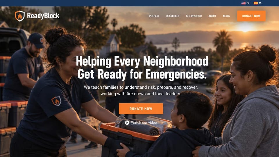 Nonprofit website design, neighborhood preparedness at golden hour: families carrying supply crates at sunset, condensed white headline and an orange donate button