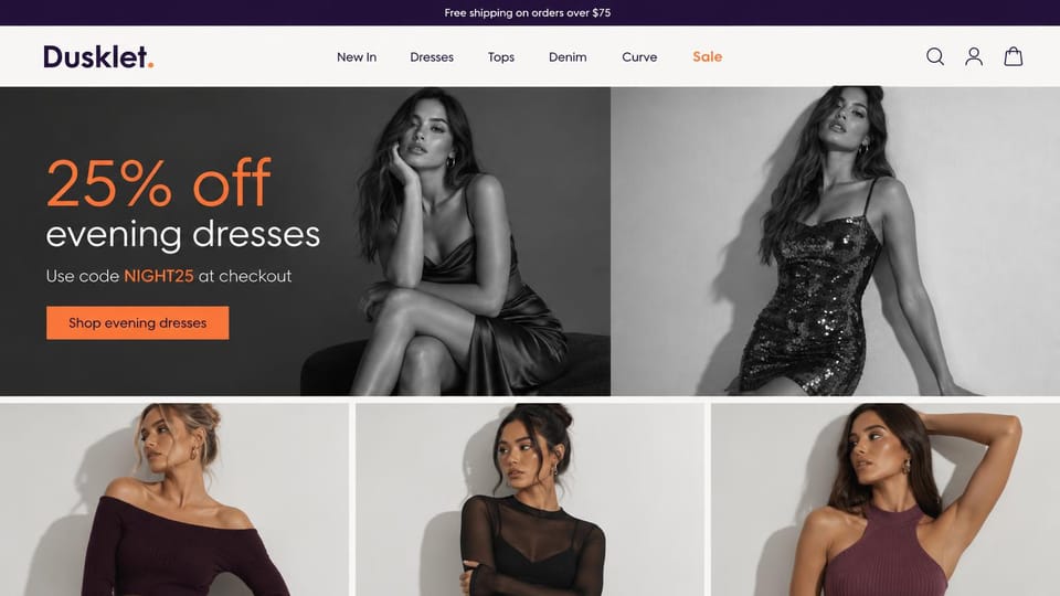 Fashion website design, evening dresses sale with a discount code: dark purple top bar, a charcoal panel with a large orange discount and an orange button beside black-and-white photos of women in slip and sequin dresses, three model tiles below