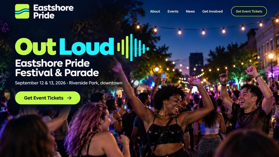 Event website design, pride festival and parade with a night street party: dark night photo of a crowd dancing under string lights, lime and cyan rounded headline with a sound wave graphic, white festival name, lime ticket button