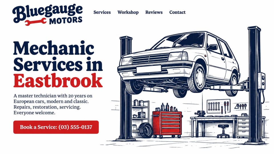 Auto repair website design, solo mechanic with an illustrated workshop: white page, a navy and red serif headline, a red book button with the phone, a navy line drawing of a small hatchback on a two-post lift beside a tool chest