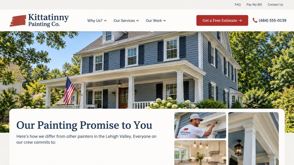 Painting website design, exterior painting with a promise panel: white header, a photo of a blue-gray colonial house with white trim, a rounded white panel with a navy serif headline and small job photos, a red estimate button