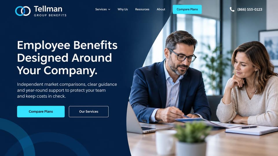 Insurance agency website design, employee benefits with a curved meeting photo: deep navy page, white headline, cyan compare plans button, a curved photo of an adviser and a client reviewing papers at a desk