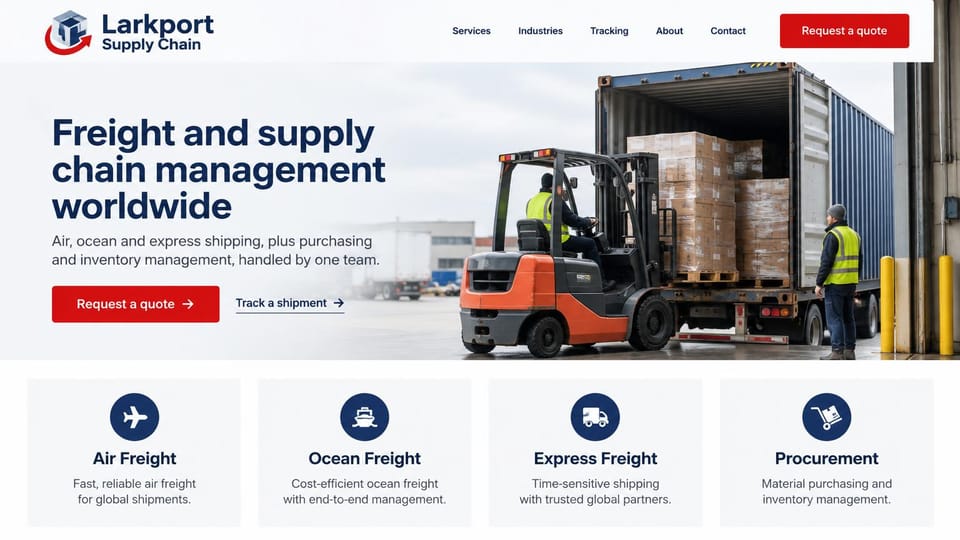 Logistics website design, air and ocean forwarding with four service cards: white page, navy headline and red buttons, an orange forklift loading pallets into a blue shipping container, four white service cards with navy icons below