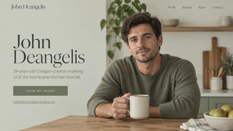 UGC portfolio website design, home and kitchen UGC in muted sage: sage gray page, large dark serif name, muted green button, a man in a green sweater with a mug at a kitchen table